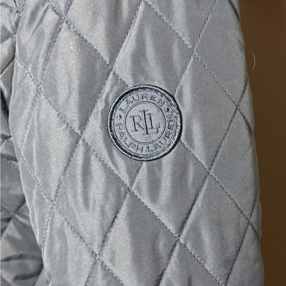 Ralph Lauren Navy Quilted Hooded Puffer with Brown Trim - Picture 4 of 12
